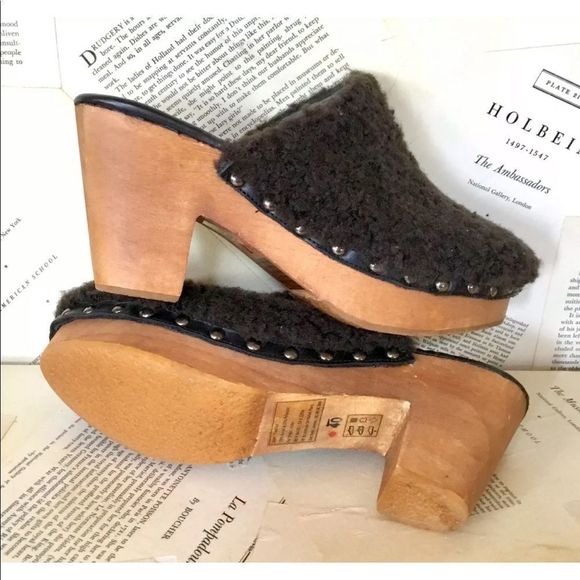 Free People Brown Faux Fur Mules Slides Wood Platform Studs Wedge - Picture 3 of 5